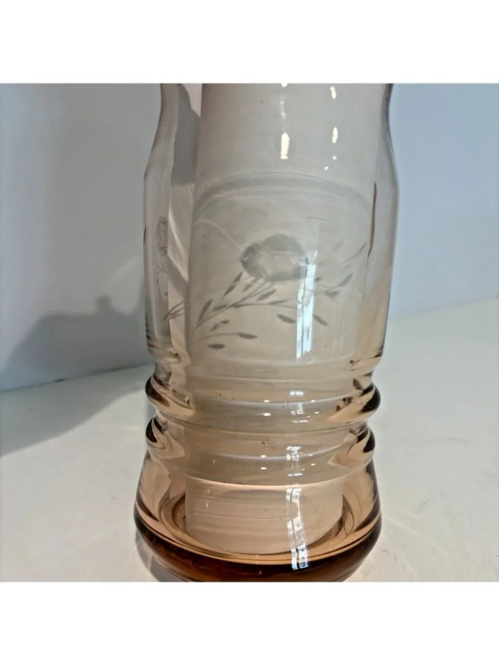 Vintage Pink Depression Glass Etched Pitcher 1 Quart Ribbed Flowers 1930s